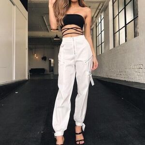 Tiger Mist Elite Moto Pants Womens Large White High Waisted Cargo Preppy NWT $90